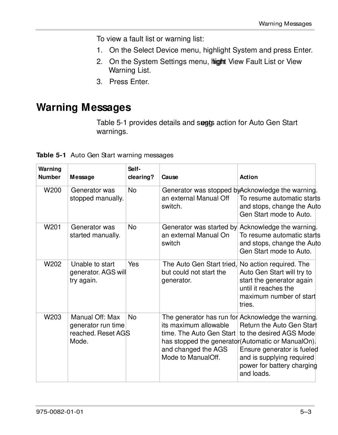 Xantrex Technology Automatic Generator manual To view a fault list or warning list, Auto Gen Start warning messages 