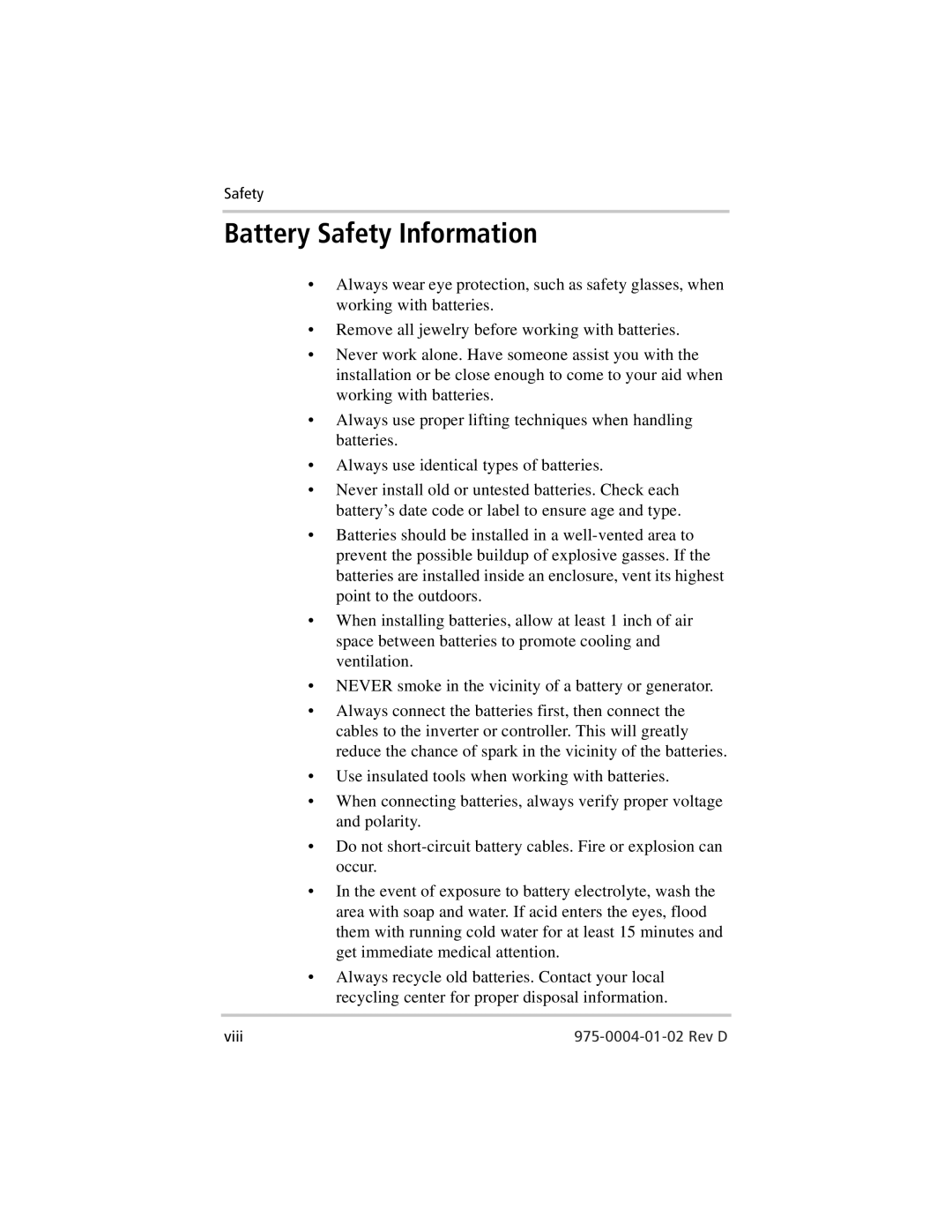 Xantrex Technology C40, C35, C60 owner manual Battery Safety Information, Viii Rev D 