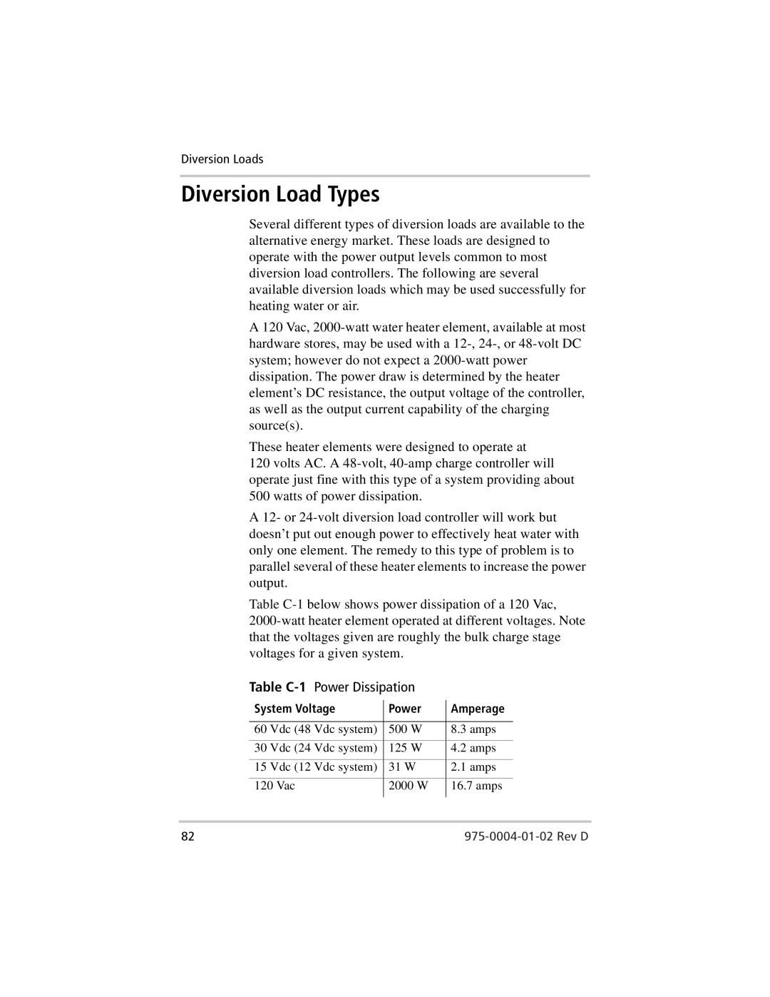 Xantrex Technology C35, C40, C60 owner manual Diversion Load Types, Power Dissipation 