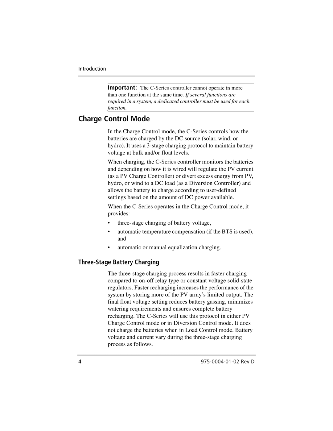 Xantrex Technology C35, C40, C60 owner manual Charge Control Mode, Three-Stage Battery Charging 