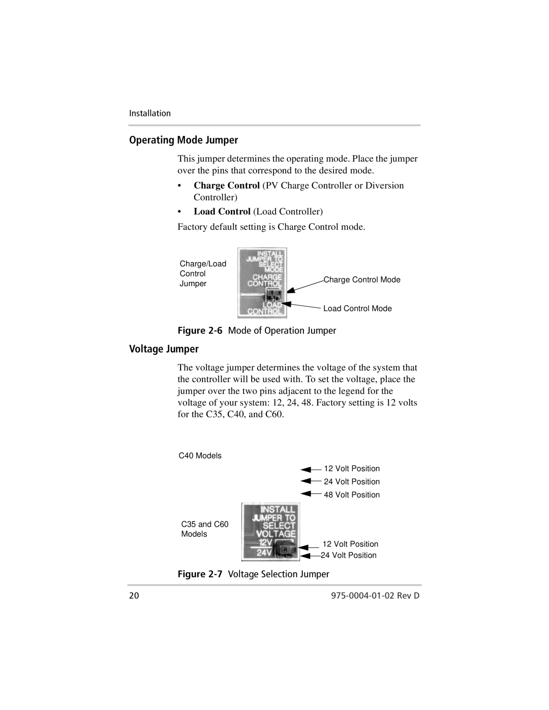 Xantrex Technology C40, C35, C60 owner manual Operating Mode Jumper, Voltage Jumper 