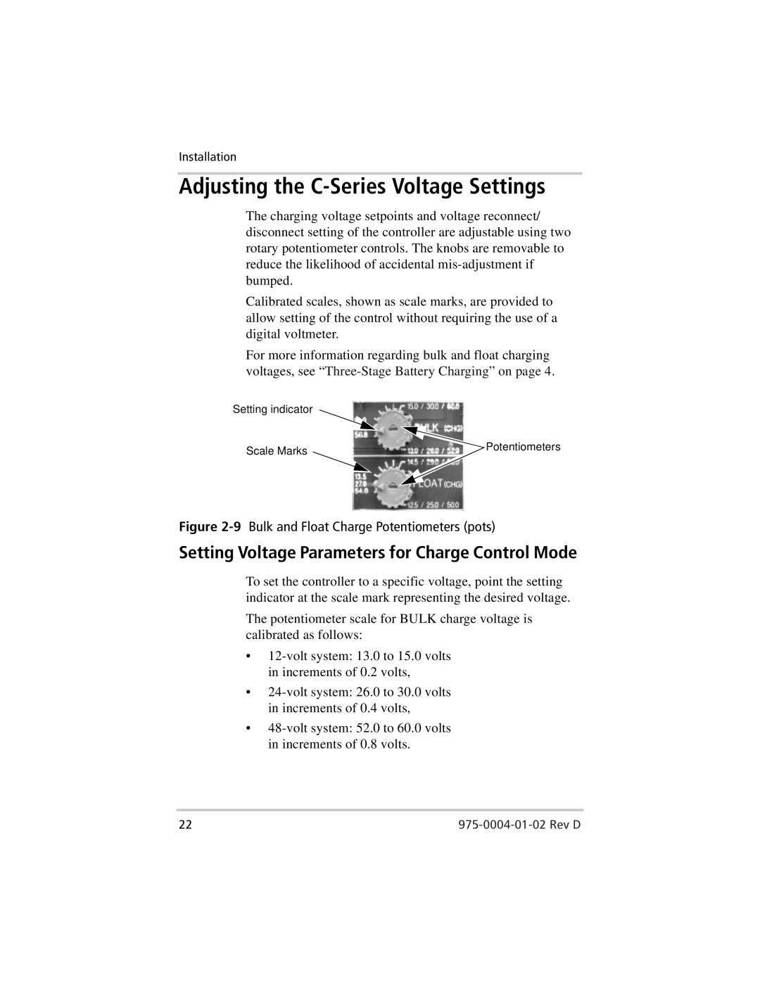 Xantrex Technology C35, C40, C60 Adjusting the C-Series Voltage Settings, 9Bulk and Float Charge Potentiometers pots 