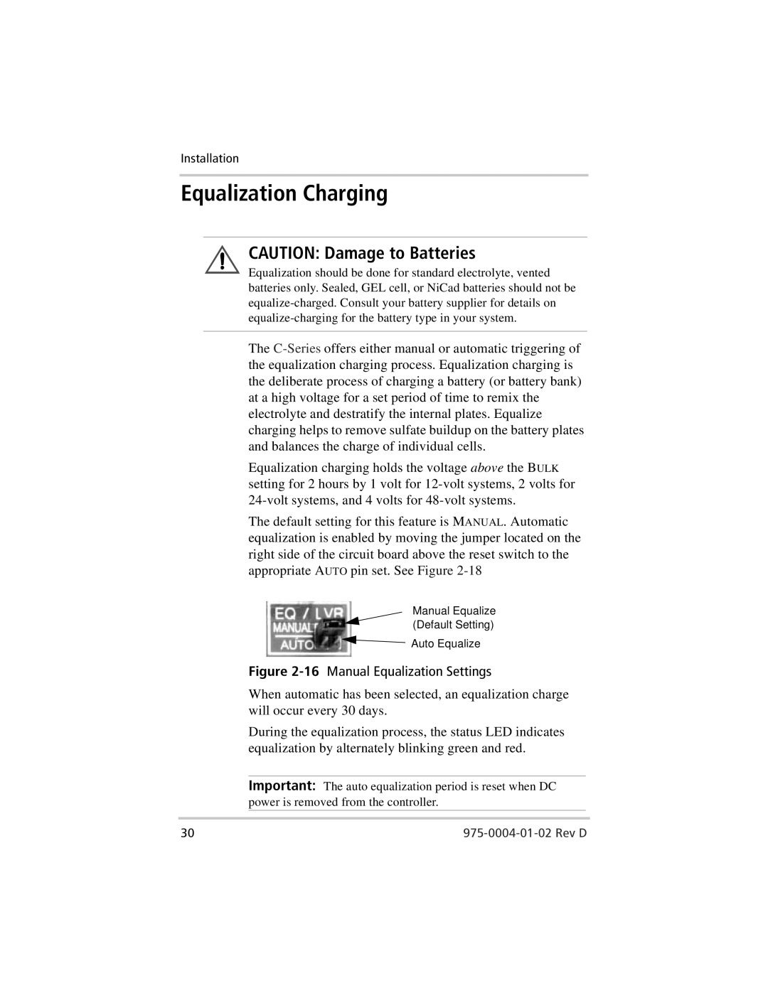 Xantrex Technology C60, C35, C40 owner manual Equalization Charging, 16Manual Equalization Settings 