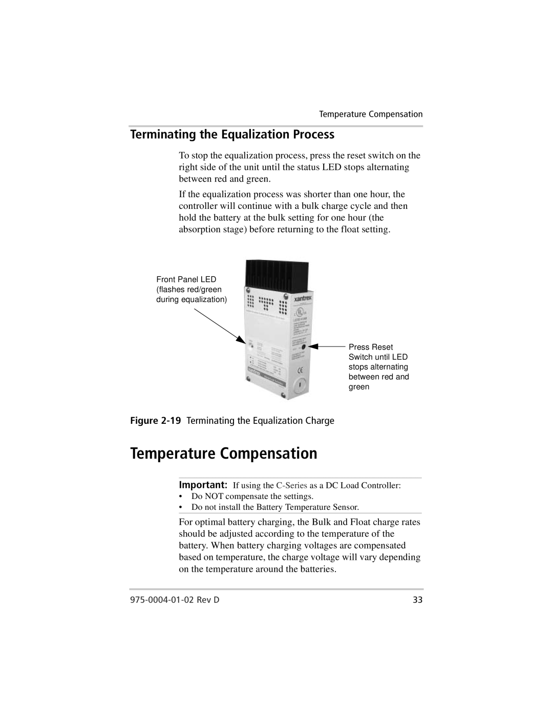 Xantrex Technology C60, C35, C40 owner manual Temperature Compensation, Terminating the Equalization Process 