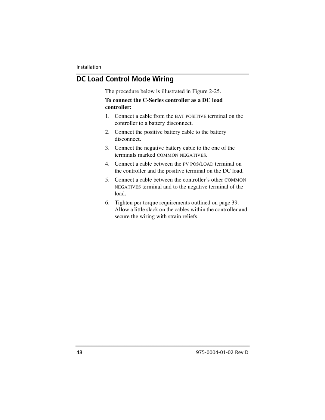 Xantrex Technology C60, C35, C40 DC Load Control Mode Wiring, To connect the C-Series controller as a DC load controller 