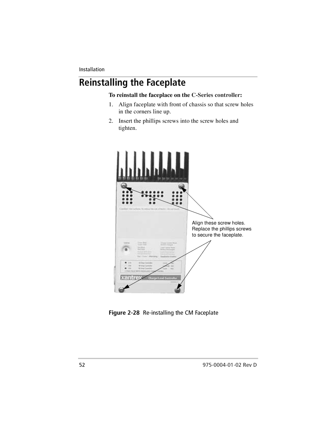 Xantrex Technology C35, C40, C60 Reinstalling the Faceplate, To reinstall the faceplace on the C-Series controller 