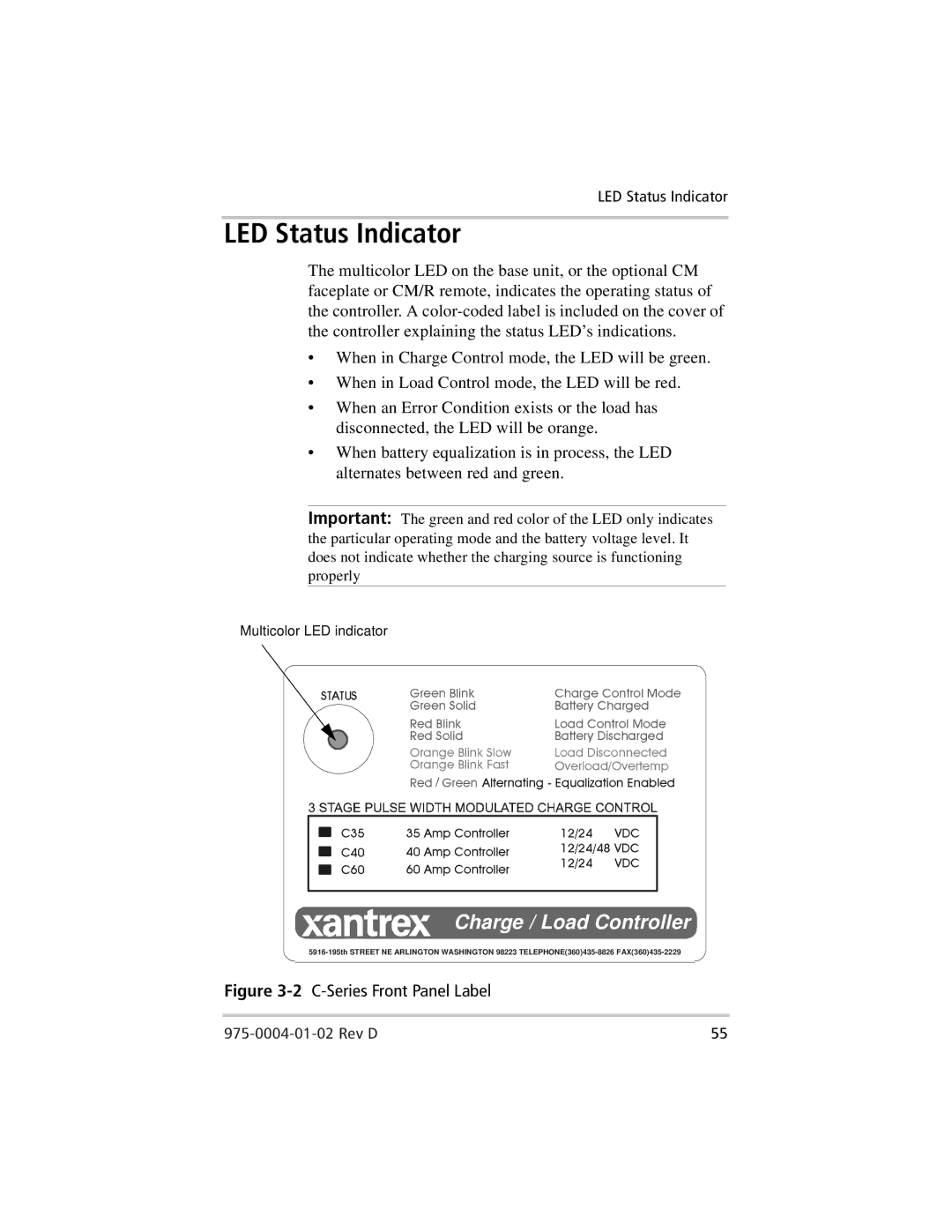 Xantrex Technology C35, C40, C60 owner manual LED Status Indicator, 2C-Series Front Pa el Label 