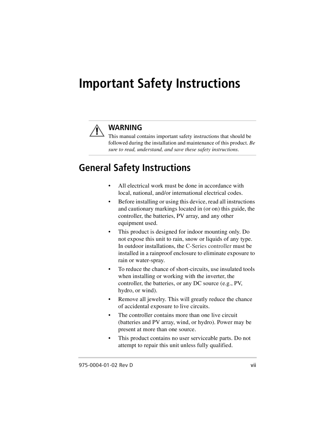 Xantrex Technology C35, C40, C60 owner manual Important Safety Instructions, General Safety Instructions 