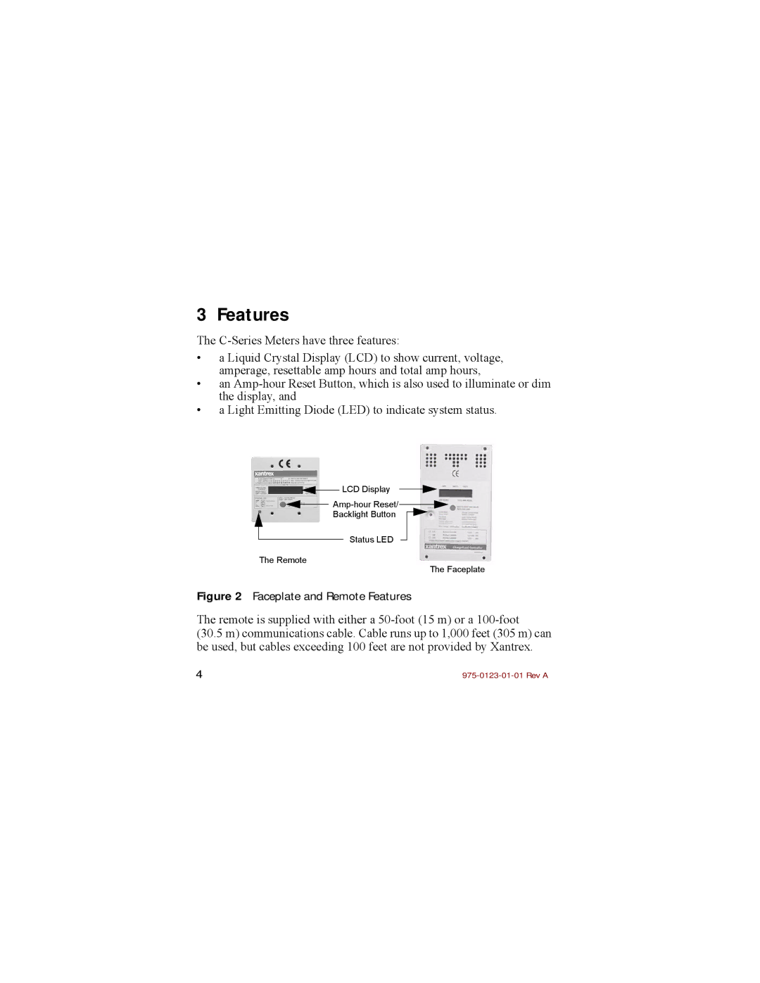 Xantrex Technology C40R/50 Remote, C40R/100 Remote, C40R/50, C40R/100, DVM/C40 manual Faceplate and Remote Features 