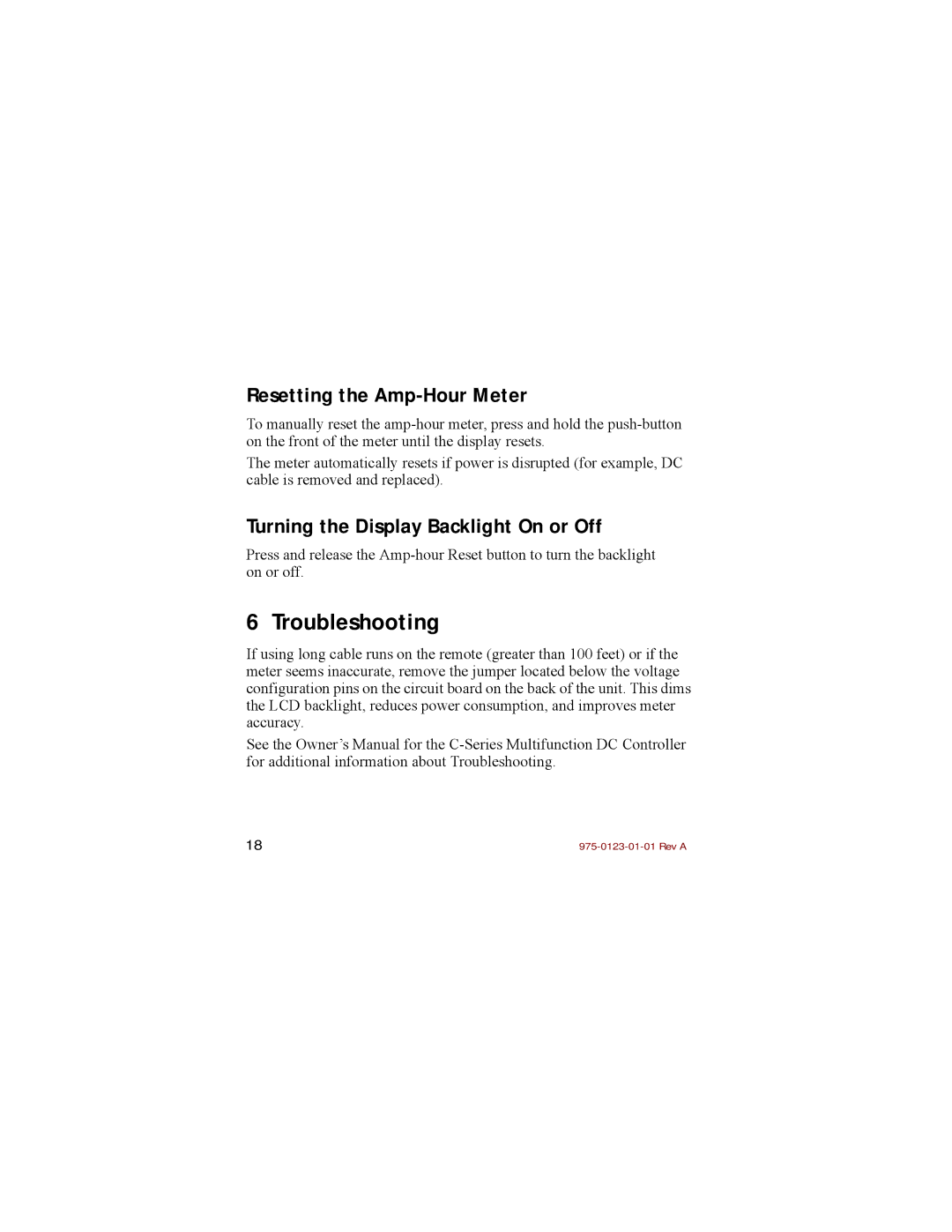 Xantrex Technology C40R/100 Remote Troubleshooting, Resetting the Amp-Hour Meter, Turning the Display Backlight On or Off 