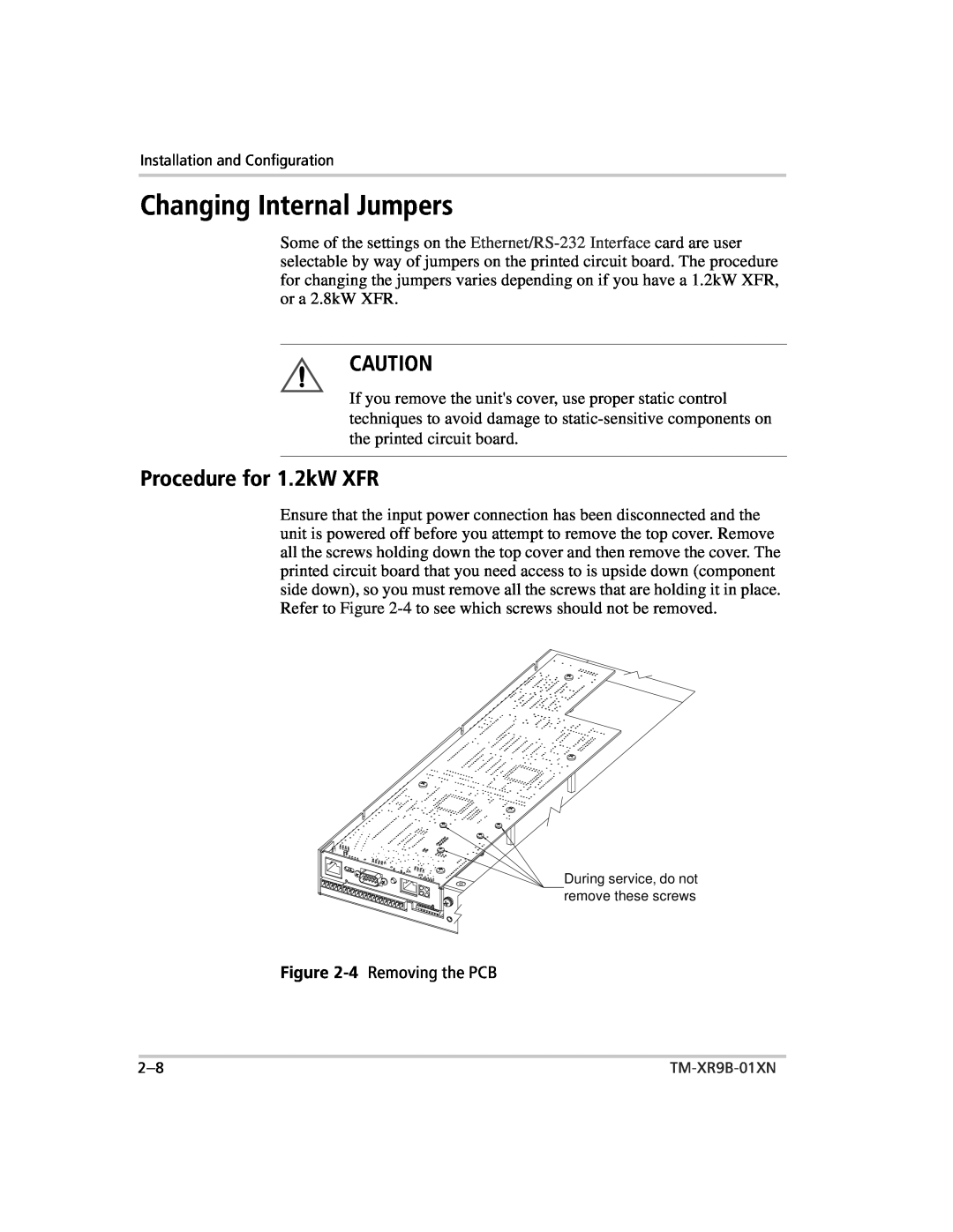 Xantrex Technology ENET-XFR3 manual Changing Internal Jumpers, Procedure for 1.2kW XFR 