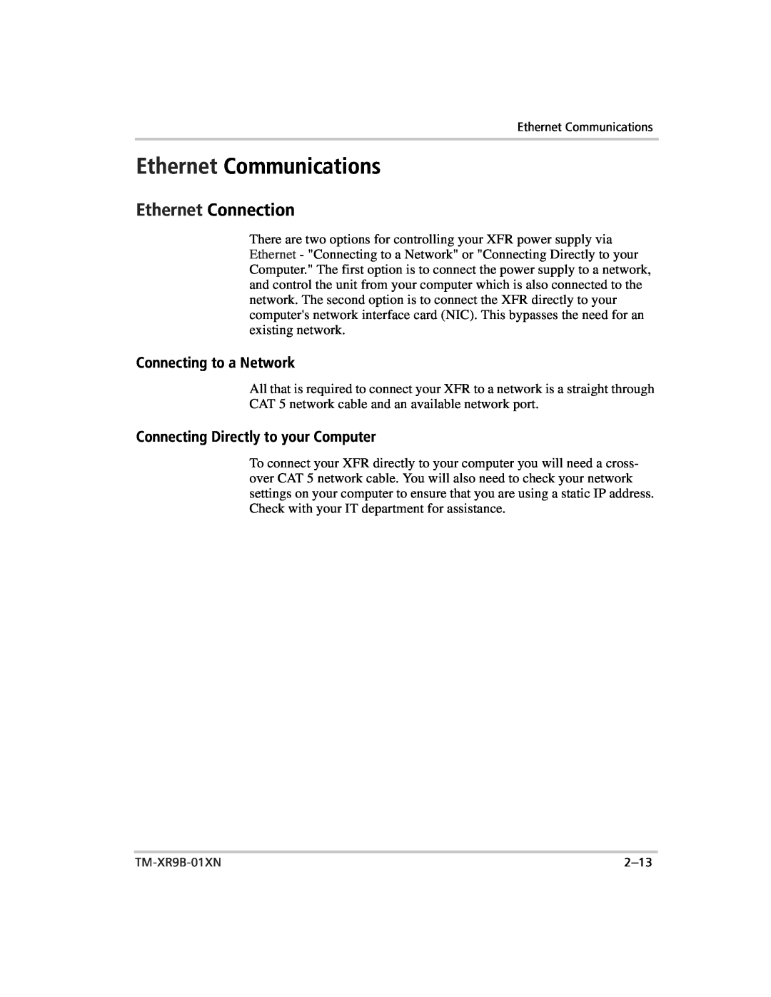 Xantrex Technology ENET-XFR3 manual Ethernet Communications, Ethernet Connection, Connecting to a Network 