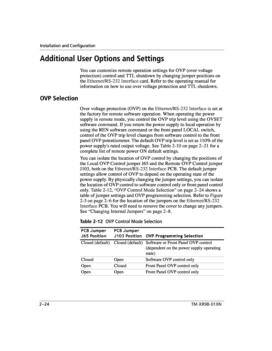 Xantrex Technology ENET-XFR3 manual Additional User Options and Settings, OVP Selection 
