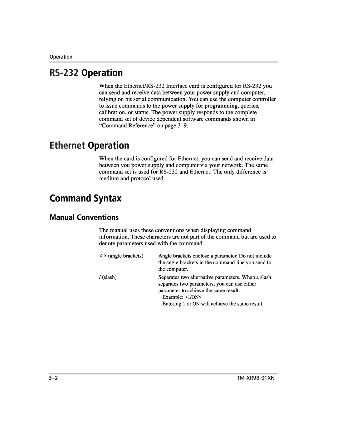 Xantrex Technology ENET-XFR3 manual RS-232 Operation, Command Syntax, Manual Conventions, Ethernet Operation 