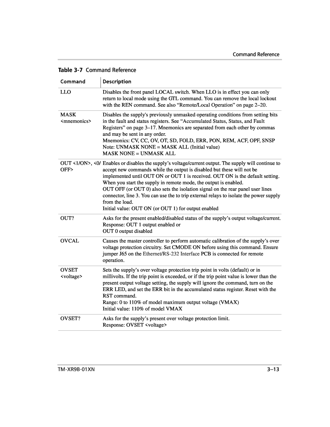 Xantrex Technology ENET-XFR3 manual Description, 7 Command Reference, TM-XR9B-01XN, 3-13 
