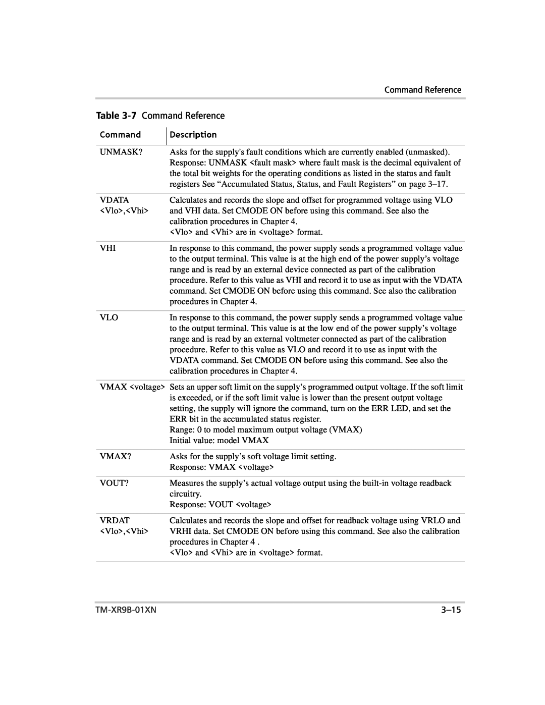 Xantrex Technology ENET-XFR3 manual 7 Command Reference, TM-XR9B-01XN, 3-15 
