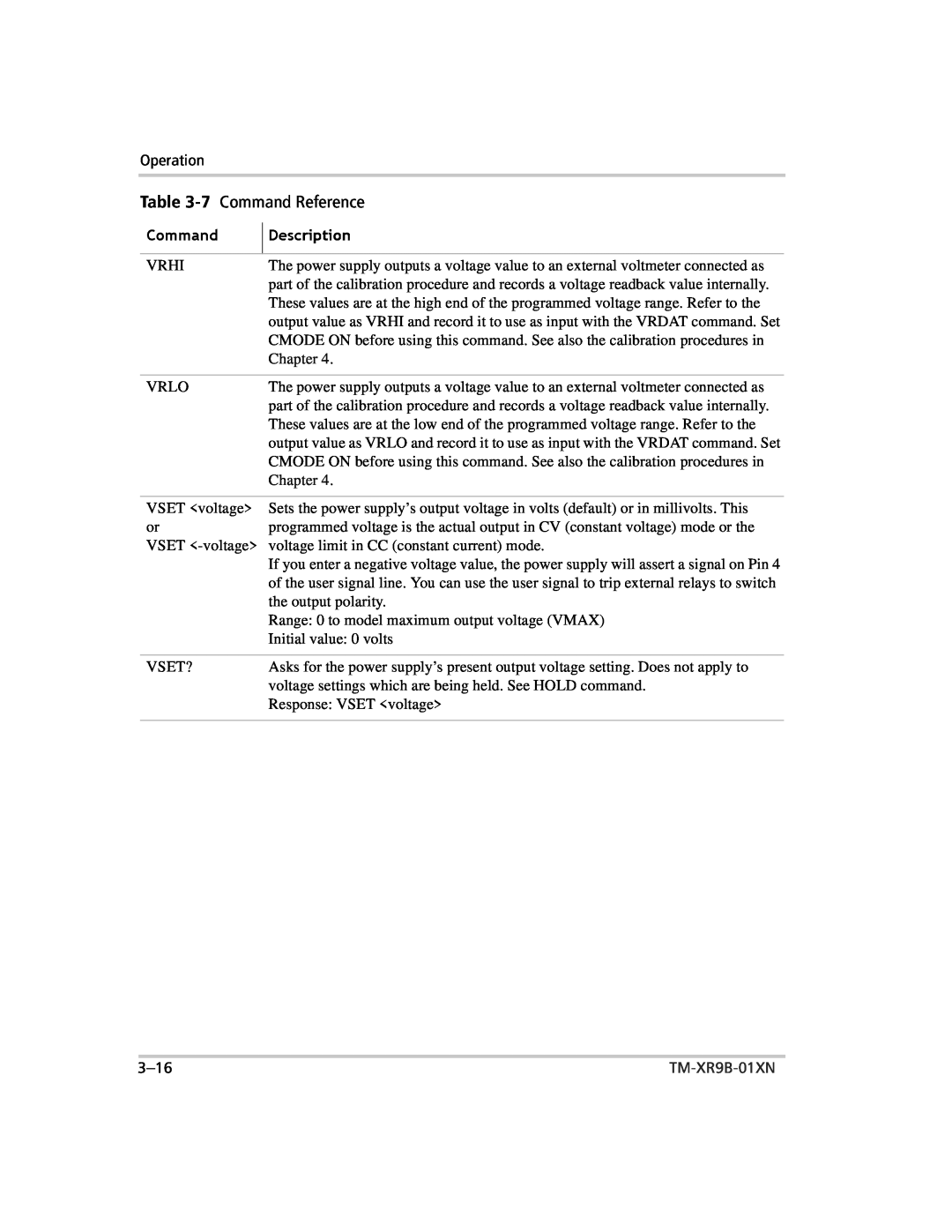 Xantrex Technology ENET-XFR3 manual Description, 7 Command Reference, TM-XR9B-01XN 