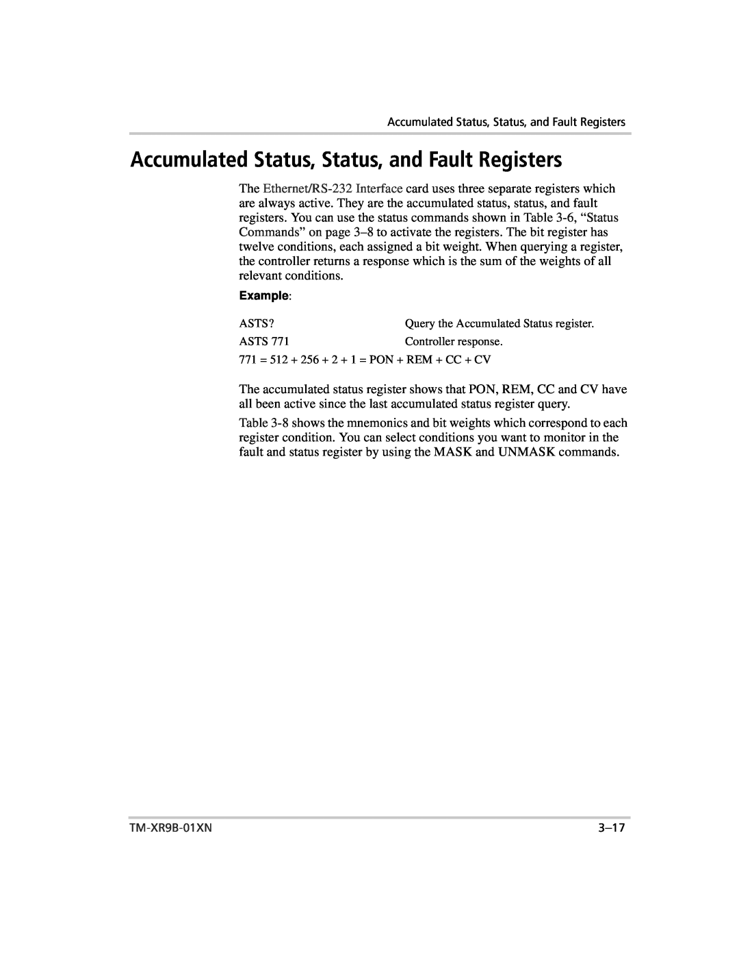 Xantrex Technology ENET-XFR3 manual Accumulated Status, Status, and Fault Registers, Example 