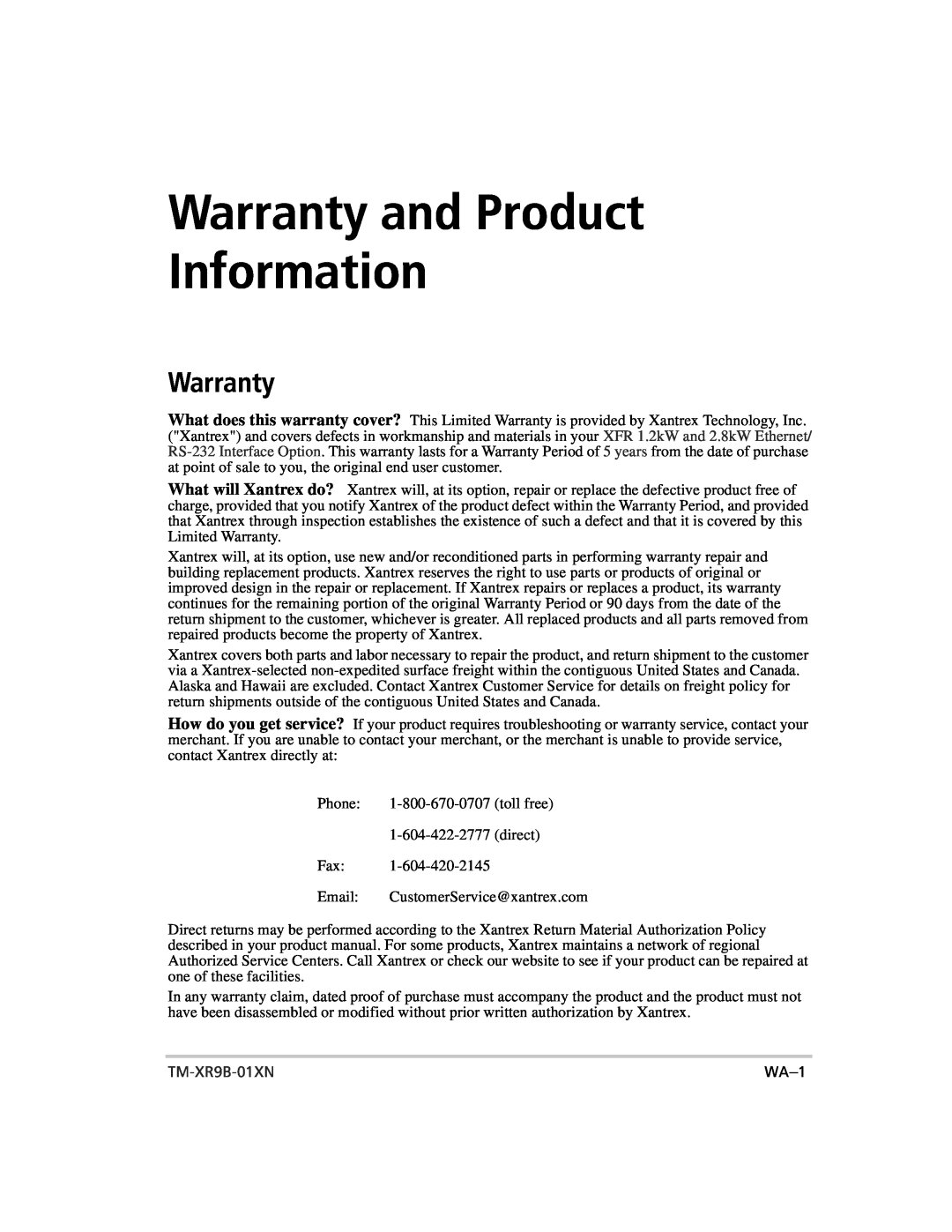Xantrex Technology ENET-XFR3 manual Warranty and Product Information, TM-XR9B-01XN, WA-1 