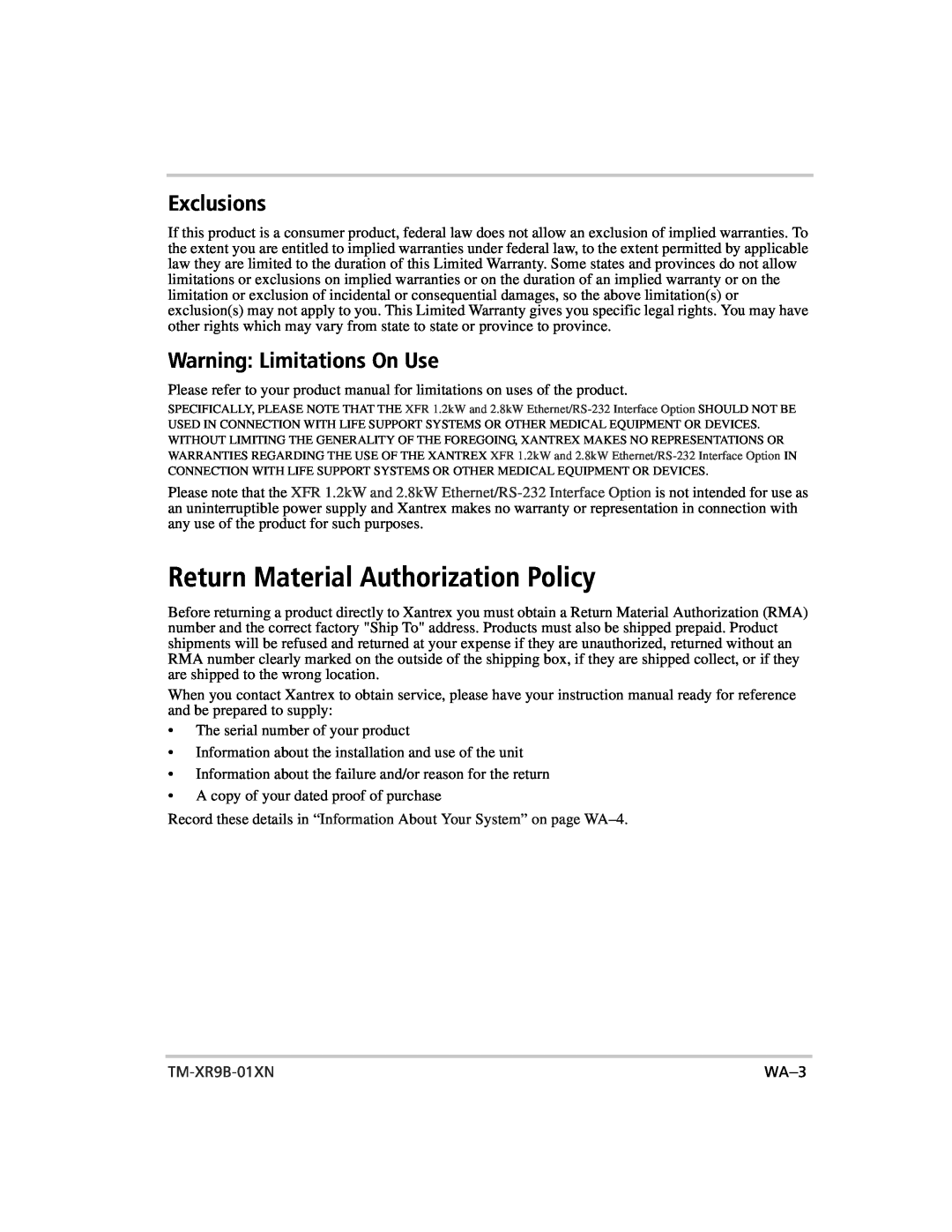 Xantrex Technology ENET-XFR Return Material Authorization Policy, Exclusions, Warning Limitations On Use, TM-XR9B-01XN 