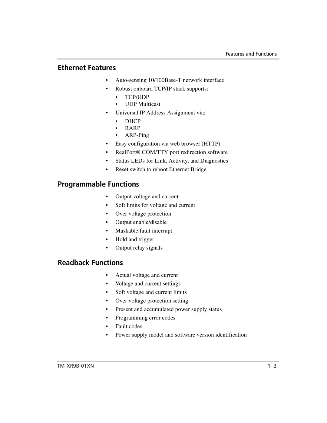 Xantrex Technology ENET-XFR3 manual Ethernet Features, Programmable Functions, Readback Functions 