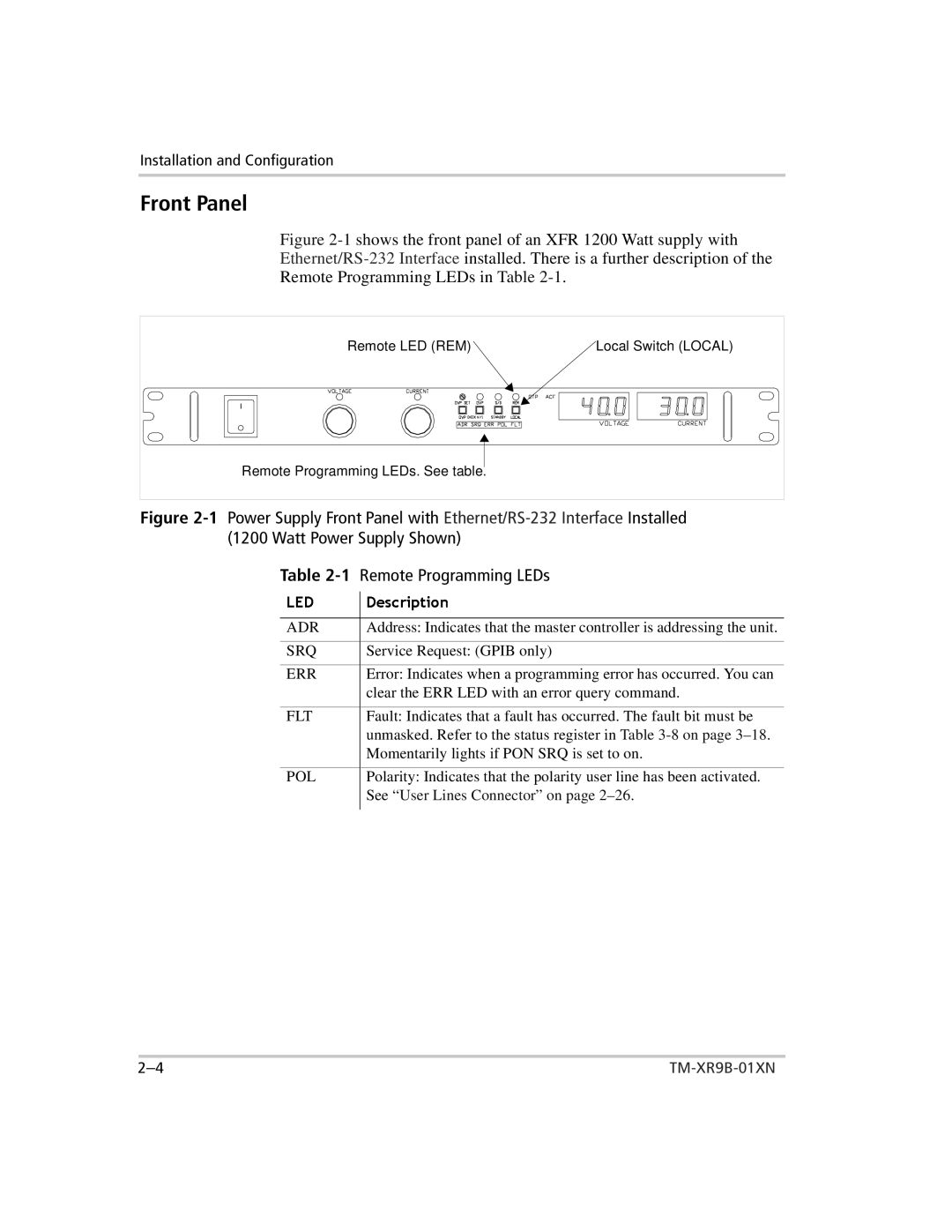 Xantrex Technology ENET-XFR3 manual Front Panel, Srq, Err, Flt, Pol 