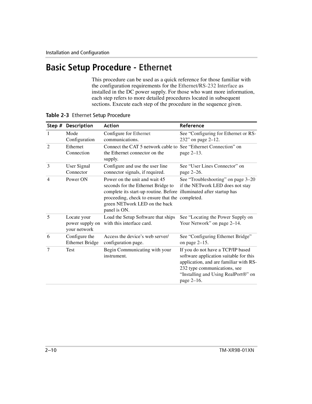 Xantrex Technology ENET-XFR3 manual 1Step#DescriptionActionModeConfigure for Ethernet, Basic Setup Procedure Ethernet 