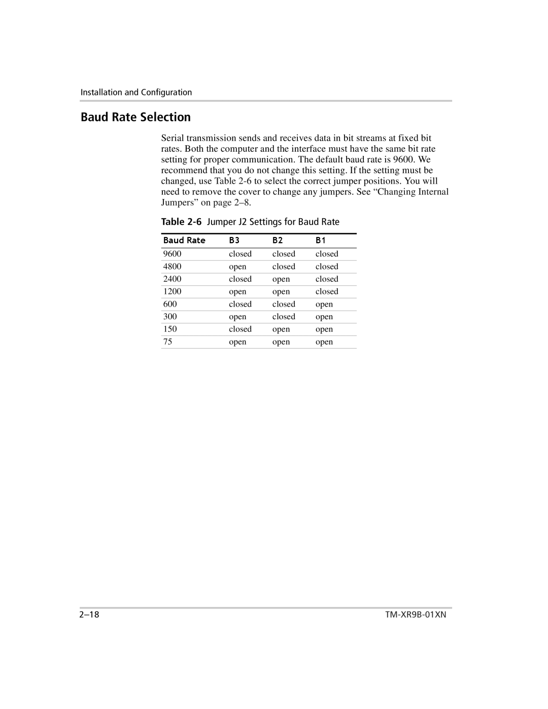 Xantrex Technology ENET-XFR3 manual Baud Rate Selection, 6Jumper J2 Settings for Baud Rate 