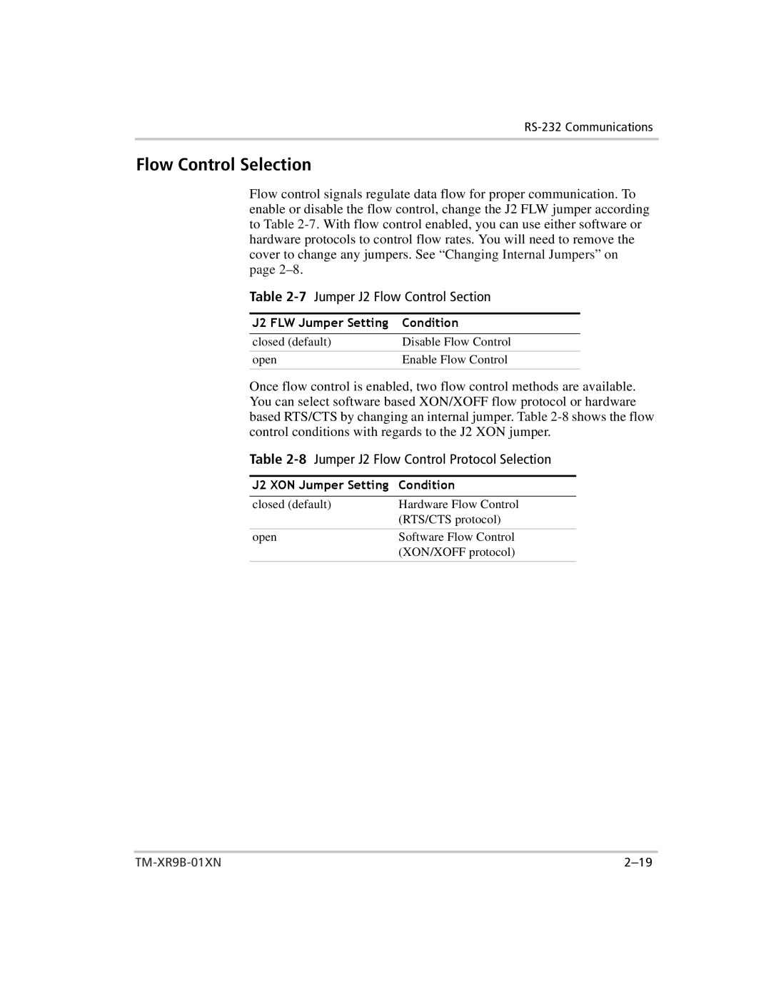 Xantrex Technology ENET-XFR3 manual Flow Control Selection, 7Jumper J2 Flow Control Section 