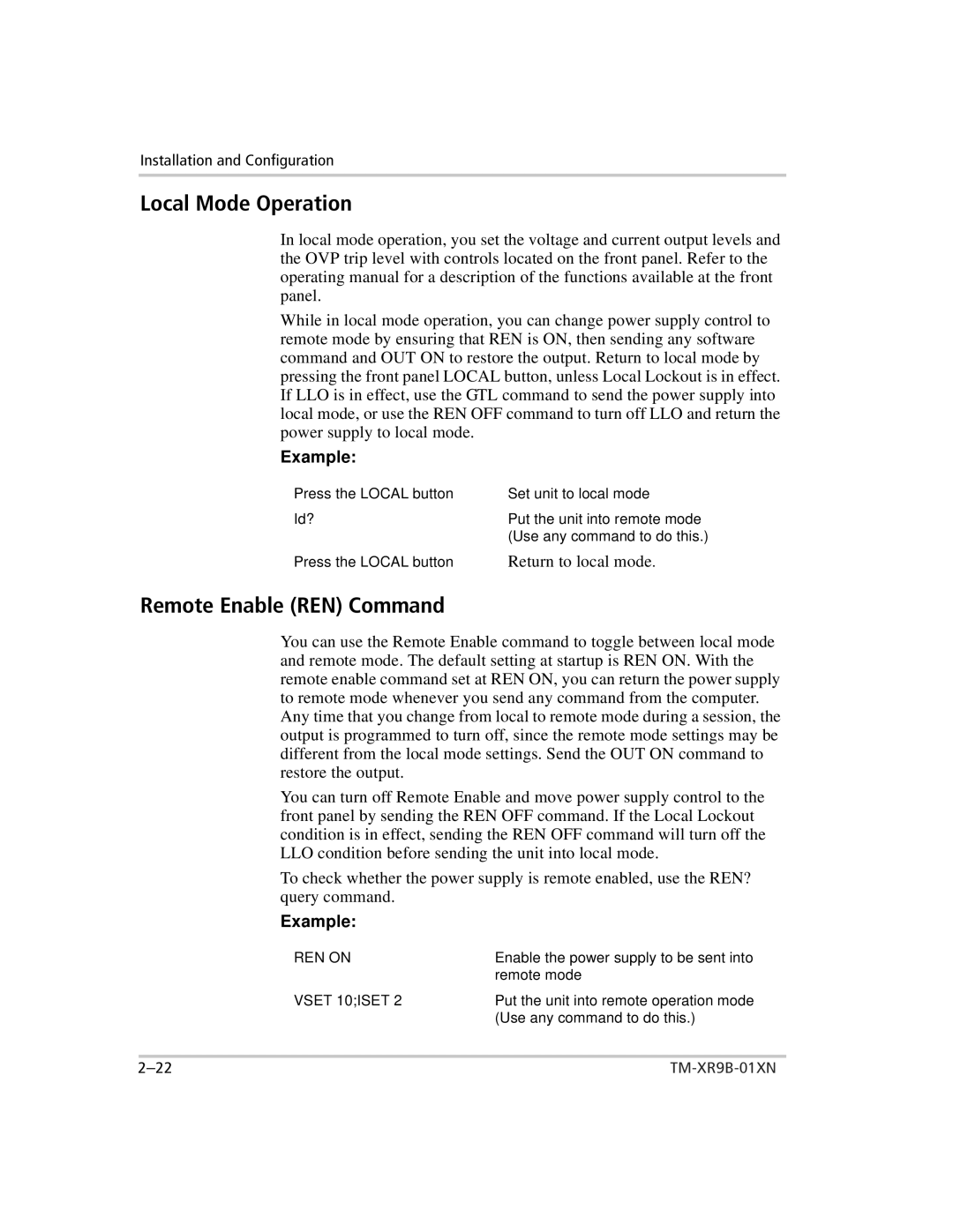 Xantrex Technology ENET-XFR3 manual Local Mode Operation, Remote Enable REN Command 