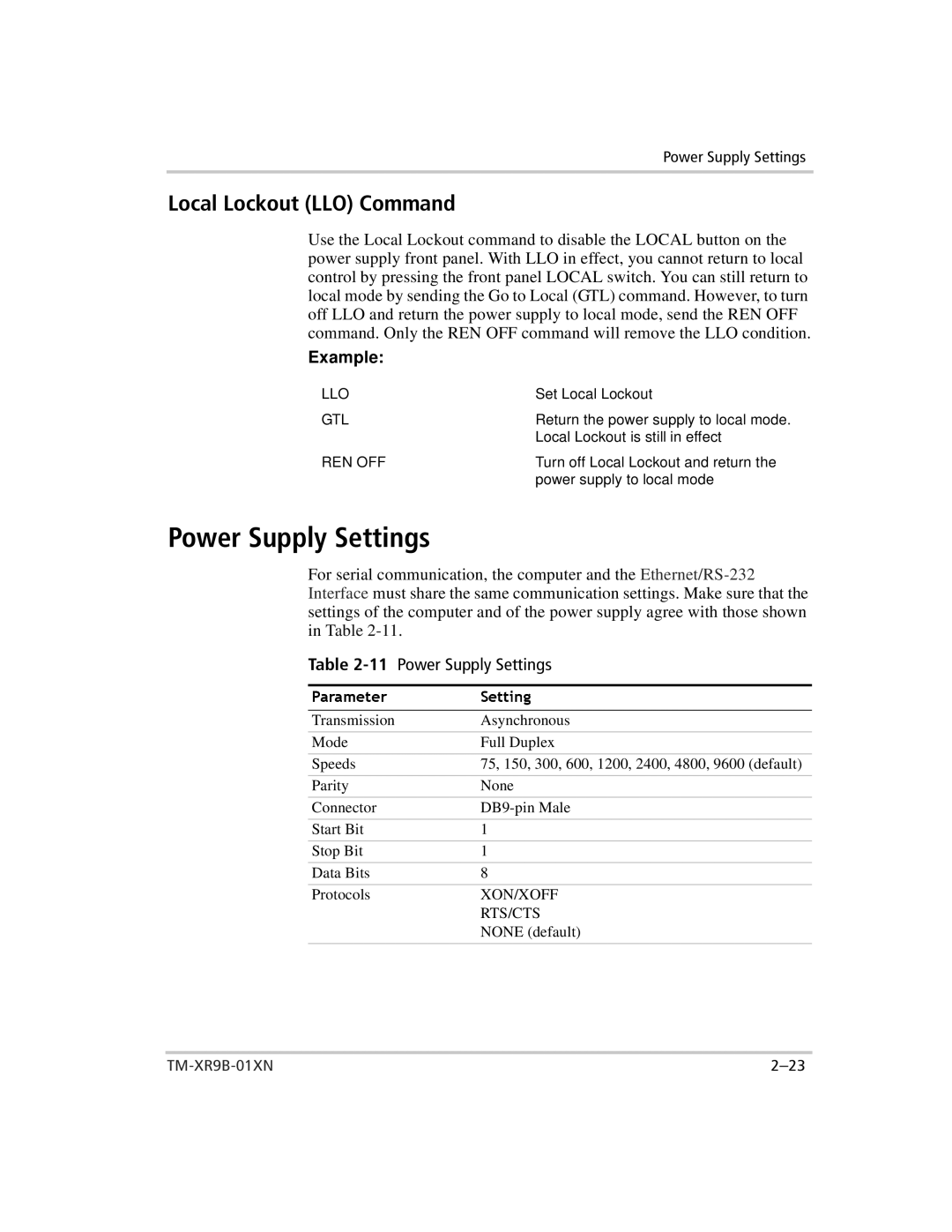 Xantrex Technology ENET-XFR3 manual Power Supply Settings, Local Lockout LLO Command, Xon/Xoff, Rts/Cts 