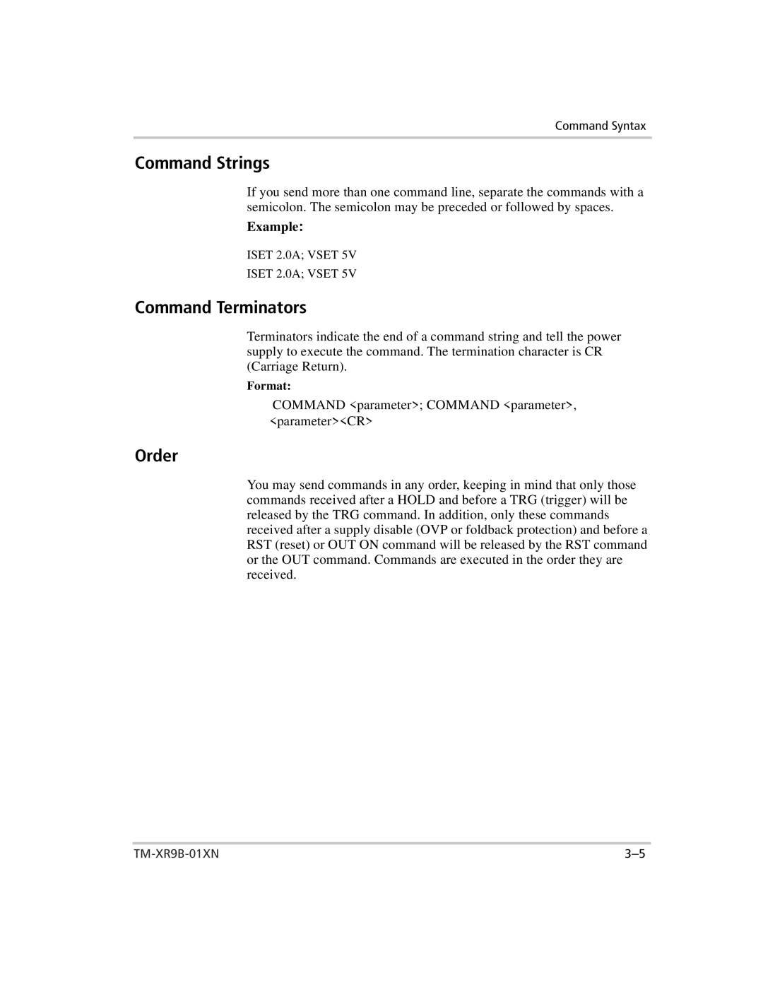 Xantrex Technology ENET-XFR3 manual Command Strings, Command Terminators, Order, Iset 2.0A Vset 