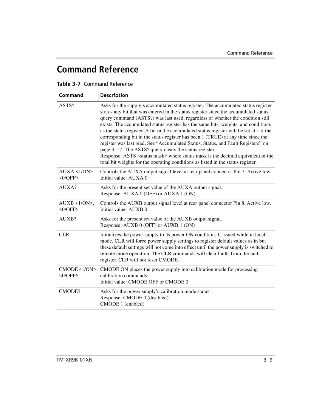 Xantrex Technology ENET-XFR3 manual Command Reference, Auxa?, Cmode 1/ON 