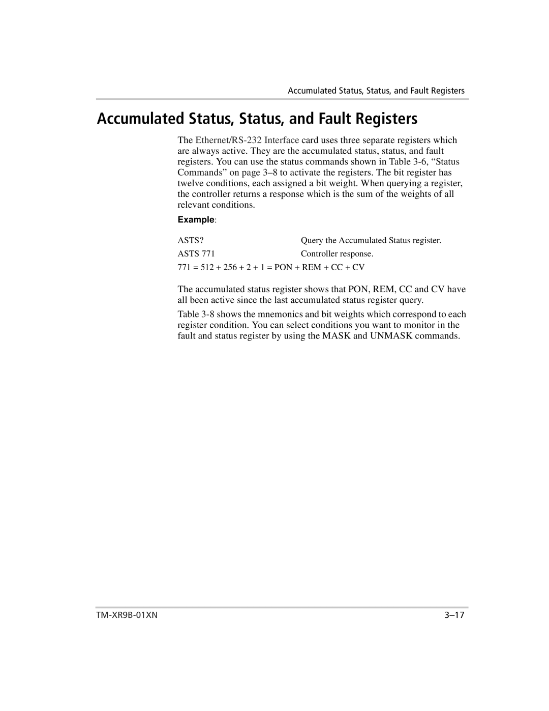 Xantrex Technology ENET-XFR3 manual Accumulated Status, Status, and Fault Registers, Asts? 