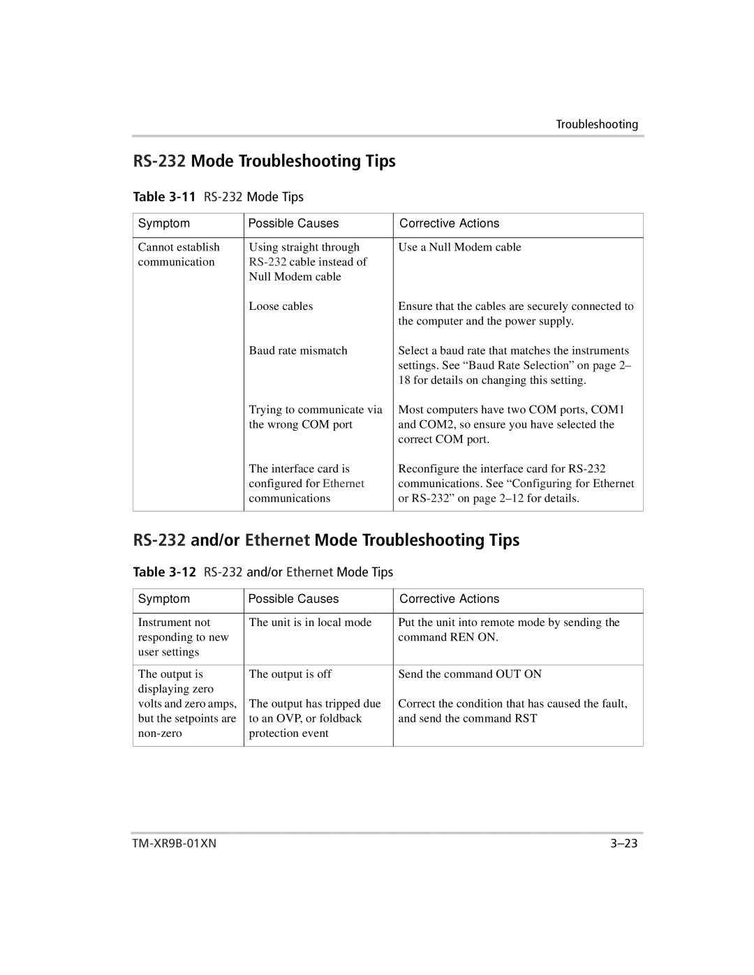 Xantrex Technology ENET-XFR3 manual RS-232Mode Troubleshooting Tips, RS-232and/or Ethernet Mode Troubleshooting Tips 