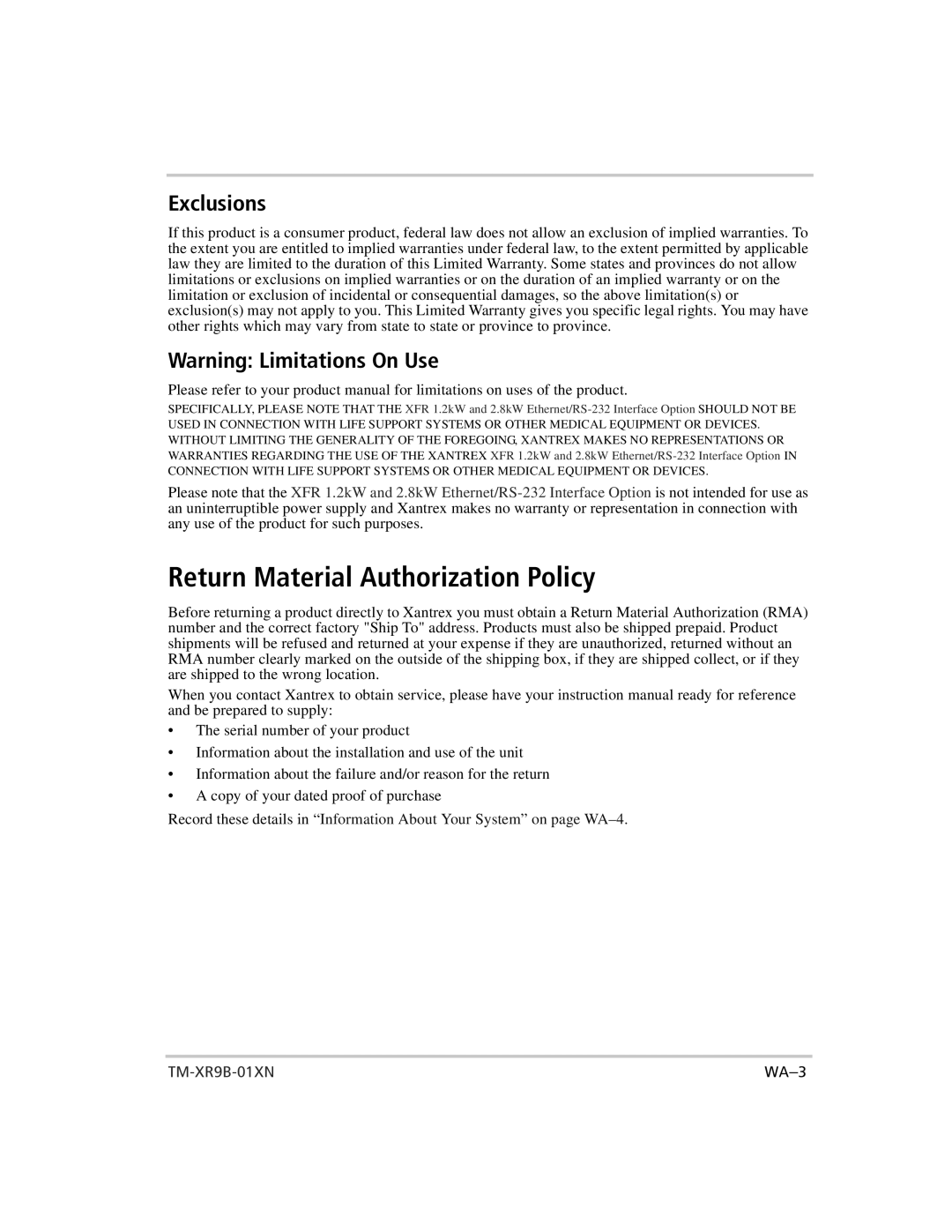 Xantrex Technology ENET-XFR3 manual Return Material Authorization Policy, Exclusions 