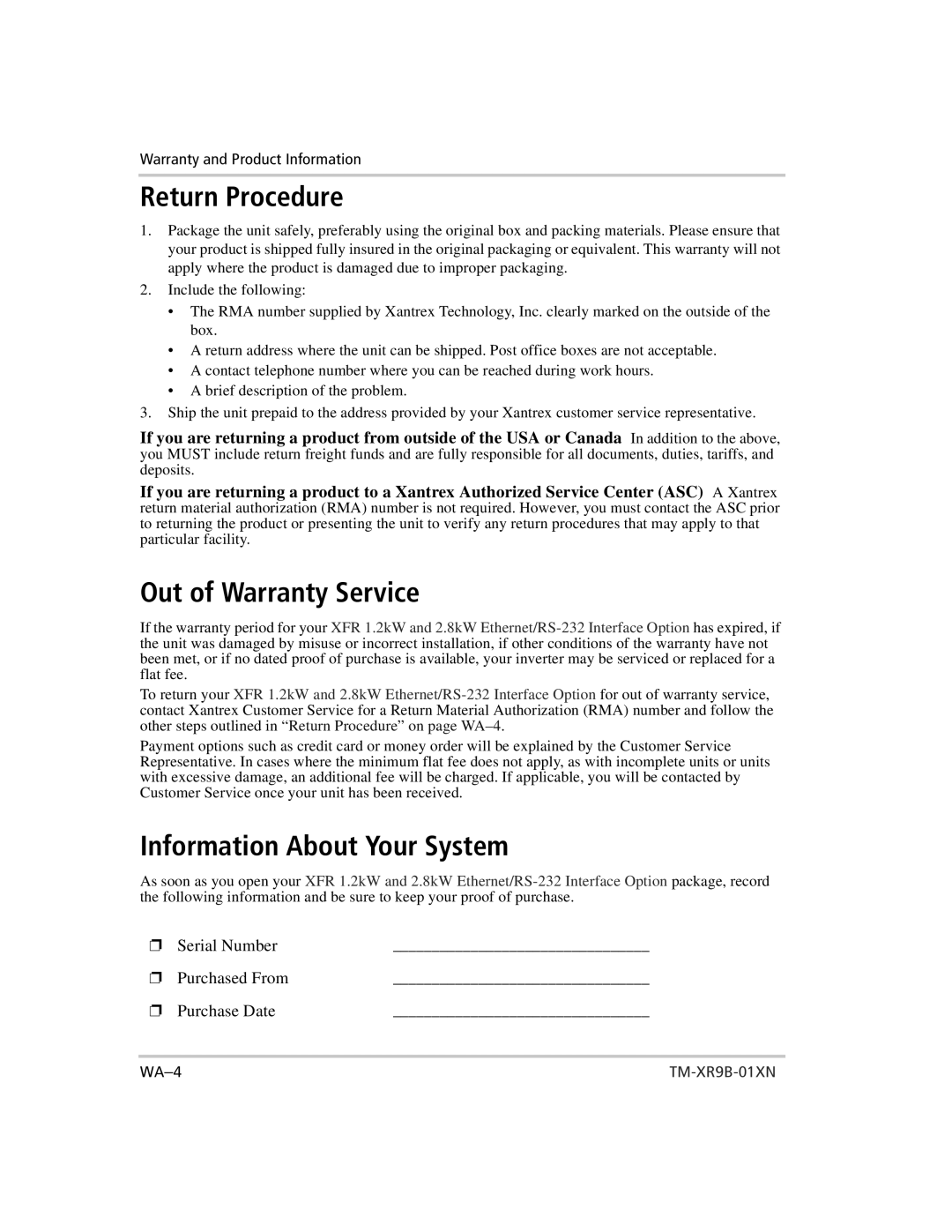 Xantrex Technology ENET-XFR3 manual Return Procedure, Out of Warranty Service, Information About Your System 