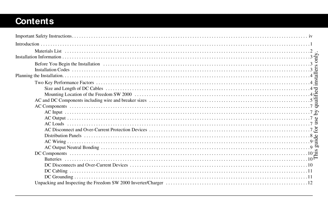 Xantrex Technology Freedom SW 2000 user service Contents 