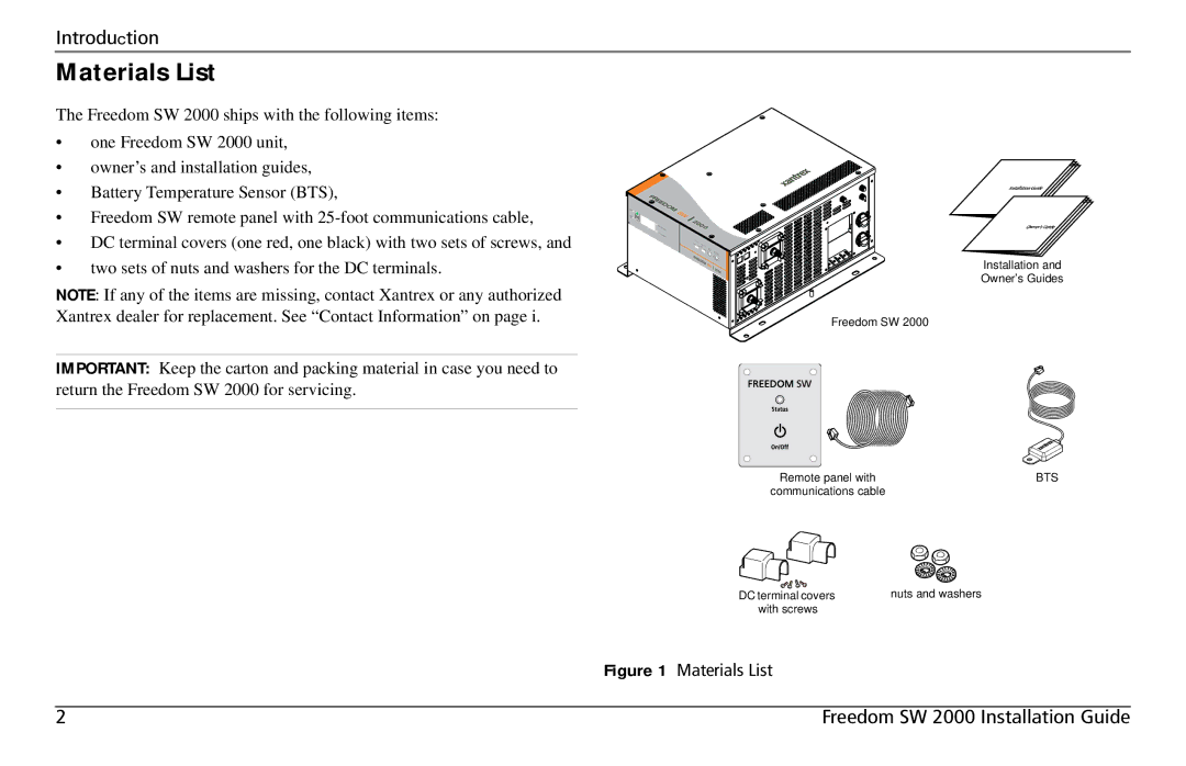 Xantrex Technology Freedom SW 2000 user service Materials List 