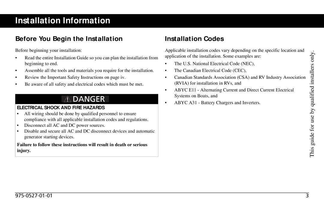 Xantrex Technology Freedom SW 2000 Installation Information, Before You Begin the Installation, Installation Codes 