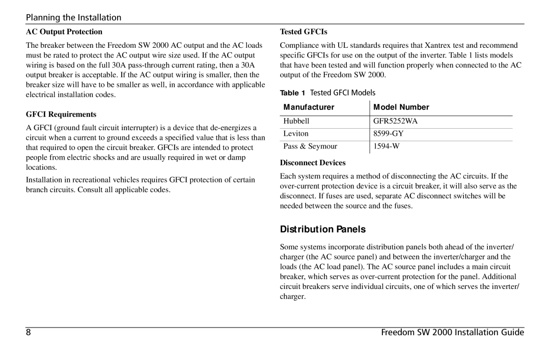 Xantrex Technology Freedom SW 2000 user service Distribution Panels, AC Output Protection, Gfci Requirements, Tested GFCIs 