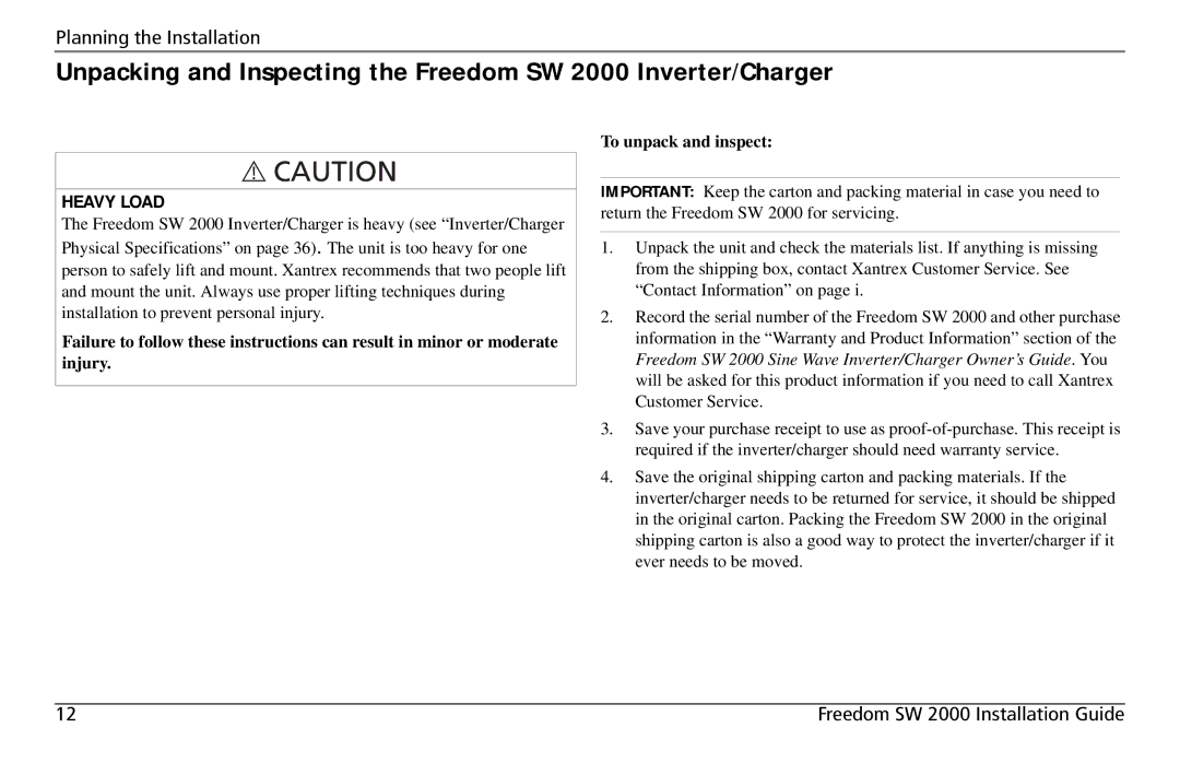 Xantrex Technology Freedom SW 2000 user service Heavy Load 