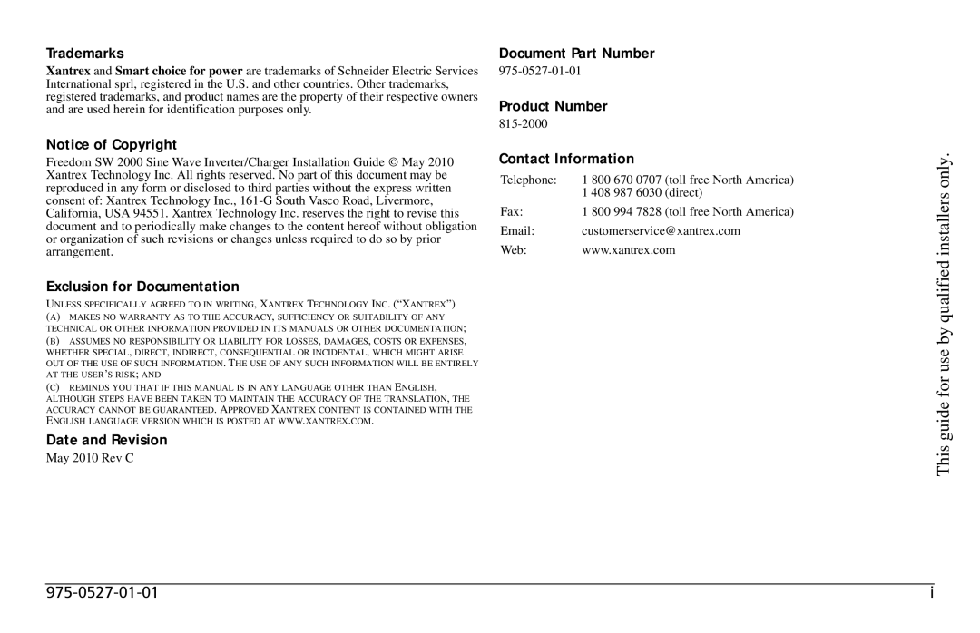 Xantrex Technology Freedom SW 2000 user service This guide for use by qualified installers only 