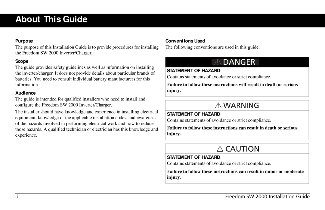 Xantrex Technology Freedom SW 2000 user service About This Guide, Statement of Hazard 