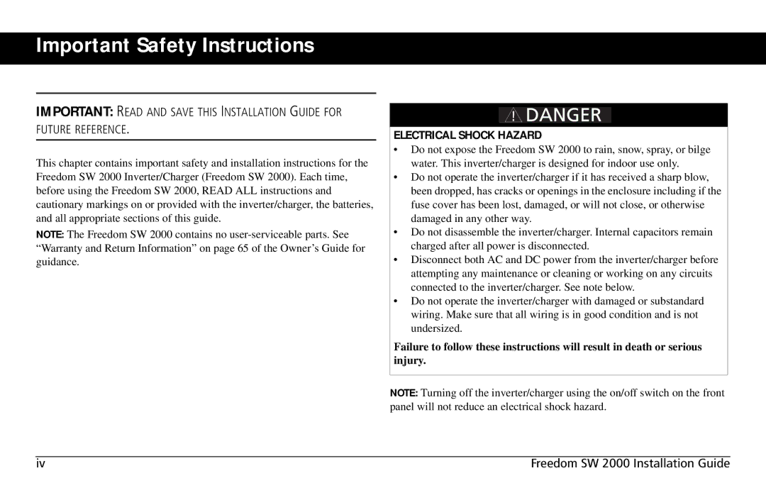 Xantrex Technology Freedom SW 2000 user service Important Safety Instructions, Electrical Shock Hazard 