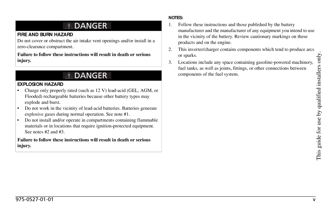 Xantrex Technology Freedom SW 2000 user service Fire and Burn Hazard, Explosion Hazard 