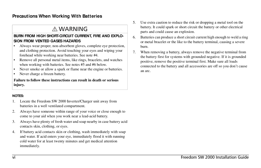 Xantrex Technology Freedom SW 2000 user service Precautions When Working With Batteries 