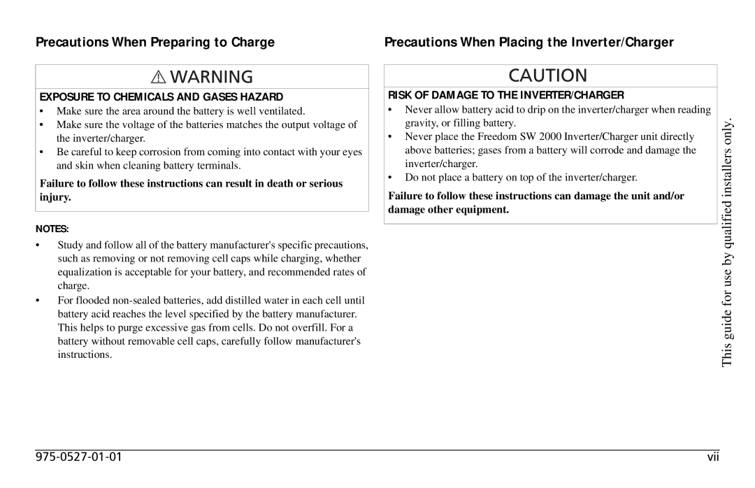 Xantrex Technology Freedom SW 2000 Precautions When Preparing to Charge, Exposure to Chemicals and Gases Hazard 