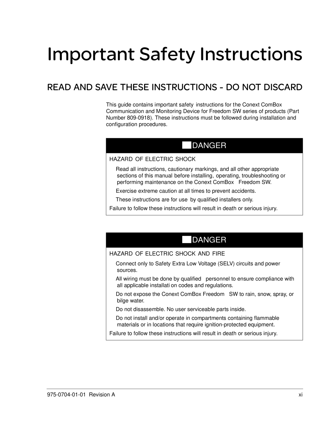 Xantrex Technology Freedom SW Series manual Important Safety Instructions 