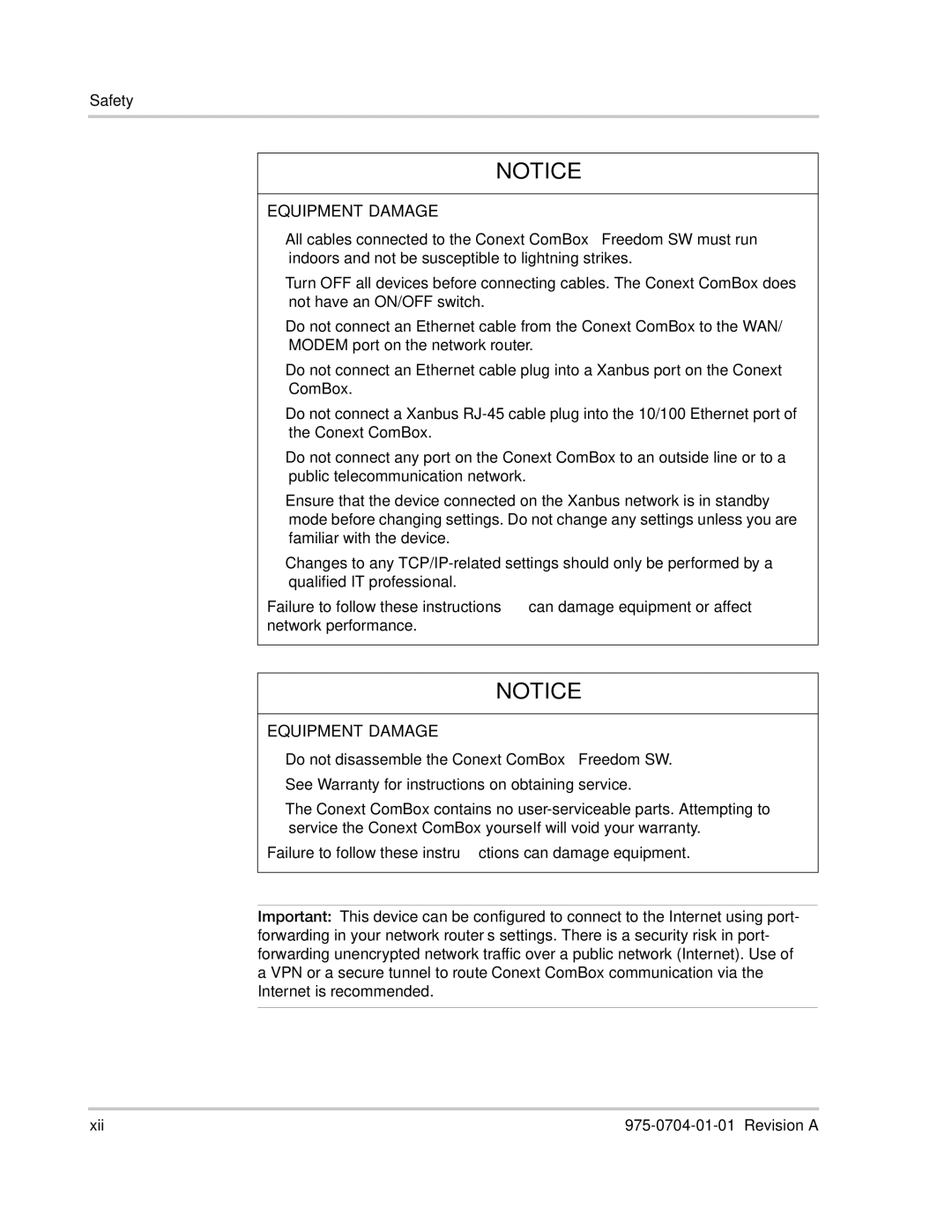 Xantrex Technology Freedom SW Series manual Equipment Damage 